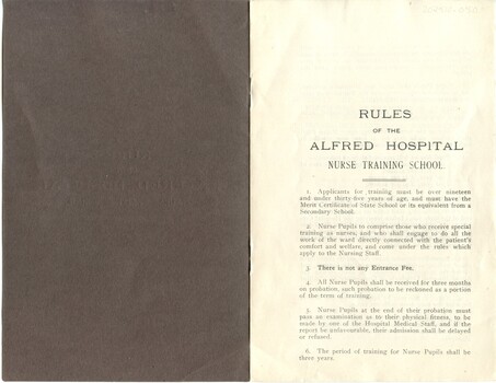 First page of Rules of the Alfred Hospital Nurse Training School