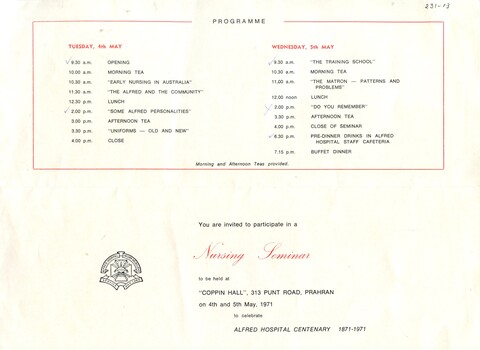 Inside of 'Invitation to Nursing Seminar', Alfred Hospital, 1971