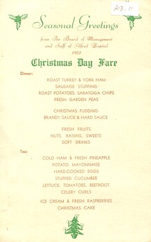 Christmas Day Fare, Alfred Hospital , 1955