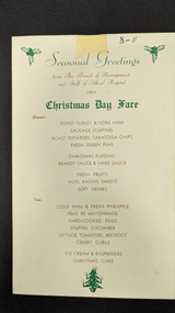 Front of menu: Christmas Day Fare, Alfred Hospital, 1954