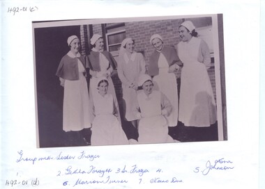 Copy of photoraph of a group of six student nurses with Sister Frazer