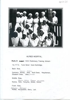 Black and white photograph (copy): First Preliminary Training School, Alfred Hospital, March 1933