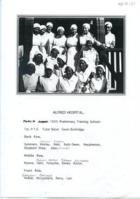 Black and white photograph (copy): First Preliminary Training School, Alfred Hospital, March 1933
