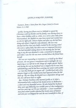 First page of letter to Ewan Watts regarding death of Gethla Forsyth, 19650131, Mrs Angus, 