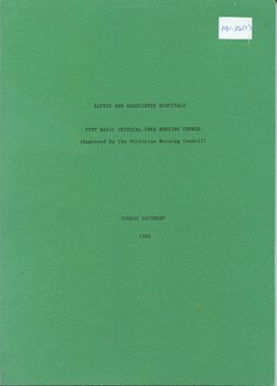 Front cover of Alfred and Associated Hospitals post basic critical care nursing course document, 1988, Paul Crockford & Gael O'Connor