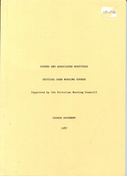Front cover of Alfred and Associated Hospitals post basic critical care nursing course document, 1987, Paul Crockford & Gael O'Connor