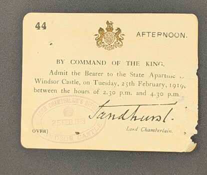 Leah Rosenthal invitation to Windsor Castle, 1919