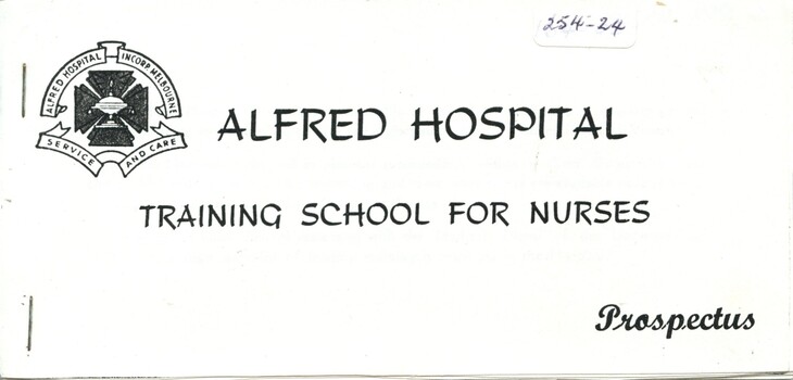 Front cover of Alfred Hospital Training School for Nurses prospectus 1956 with 1959 update
