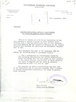 Cover page of minimum educational entrance requirements for entry into general nurse training, 15th September 1969 (copy)