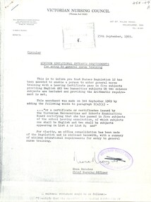 Cover page of minimum educational entrance requirements for entry into general nurse training, 15th September 1969 (copy)