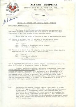 First page of Alfred Hospital School of Nursing for general nurse training document: Educational pre-requisites, 7th October 1969