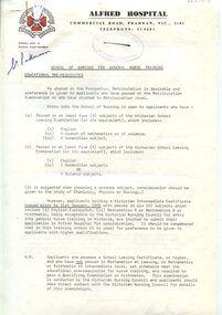 First page of Alfred Hospital School of Nursing for general nurse training document: Educational pre-requisites, 7th October 1969