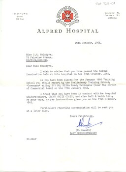 Letter to S McIntyre: Details of training school placement at Alfred Hospital, N.Sewell, 1965