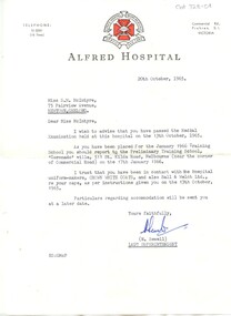 Letter to S McIntyre: Details of training school placement at Alfred Hospital, N.Sewell, 1965