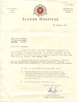 Letter to S McIntyre: Details of nursing accommodation at the Alfred Hospital, N Sewell, 1966