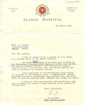 Letter of welcome from N Sewell (Lady Superintendent, Alfred Hospital)