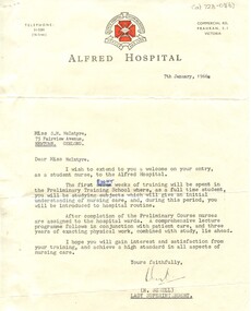 Letter of welcome from N Sewell (Lady Superintendent, Alfred Hospital)