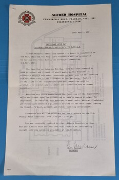 First page of Centenary Open Day information, Alfred Hospital, , 1971