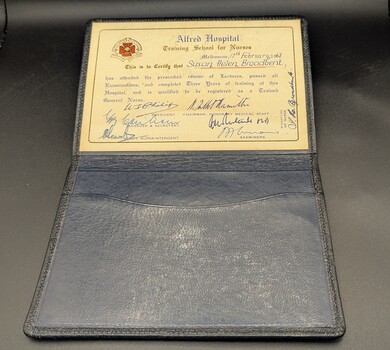Alfred Hospital trained general nurse certificate fixed inside folder