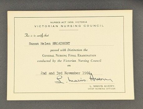 Victorian Nursing Council Certificate of distinction for General Nursing Final examination