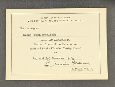 Victorian Nursing Council Certificate of distinction for General Nursing Final examination