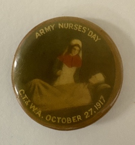 A vintage button inscribed with "Army Nurses Day," showcasing a tribute to military nurses.  
 