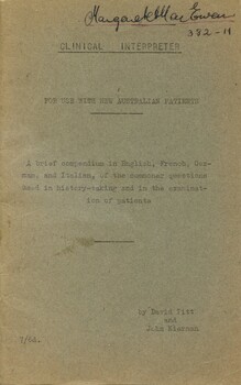 Front cover of 'Clinical Interpreter - for use with New Australian patients' [ca.1950's] Pitt & Kiernan
