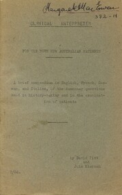 Front cover of 'Clinical Interpreter - for use with New Australian patients' [ca.1950's] Pitt & Kiernan
