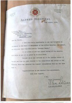 Letter of appreciation regarding "Seventy Years" (photocopy),  1939 Alex Stewart