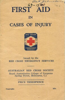 front cover of 'First aid in case of injury' [ca.1943] Australian Red Cross Society
