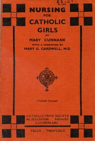 Front cover of ' Nursing for catholic girls', 1938, Mary Cunnane