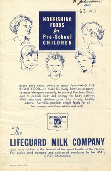 Front cover of ' Nourishing foods for pre-school children' [ca.1945], Lifeguard Milk Company