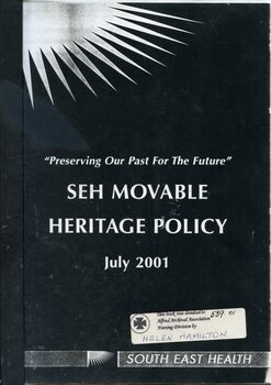 Front cover of 'SEH movable heritage policy' July 2001, South East Health