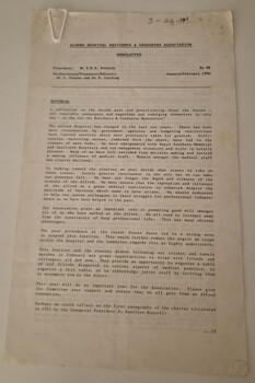 First page of Alfred Hospital Residents & graduates Association Newsletter, Jamuary/ February 1990