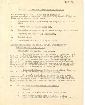 First page of 'Surgical Instruments, their make-up and care' Alfred Hospital [ca,1960's}