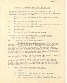 First page of 'Surgical Instruments, their make-up and care' Alfred Hospital [ca,1960's}