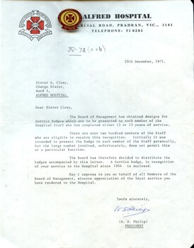 Letter to Sister A Clezy re Alfred Hopital service award,1972