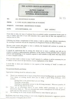 First page of Uniforms for Registered Nurses, Alfred Hospital, 1993