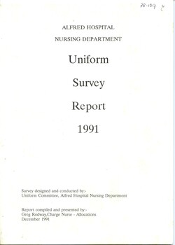 Front cover of Alfred Hospital Nursing Department Uniform Survey Report, 1991