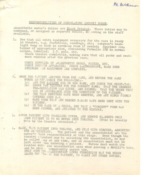 First page of 'Responsiblities of circulating (scout) nurse' Alfred Hospital [ca.1960's]