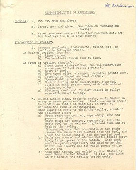 First page of 'Responsibilities of pack nurse' Alfred Hospital [ca.1960's]