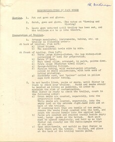 First page of 'Responsibilities of pack nurse' Alfred Hospital [ca.1960's]