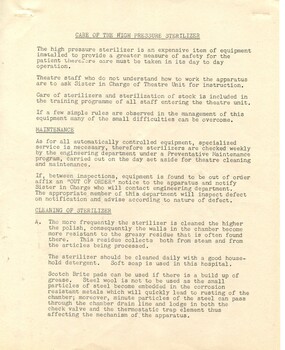 First page of 'Care of the high pressure sterilizer', Alfred Hospital, [ca.1960's]