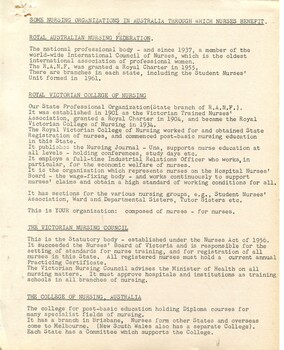 First page of 'Some nursing organizations in Australia through which nurses benefit' Alfred Hospital, [ca.1960.s]