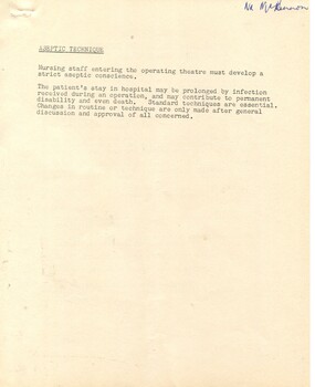 First page of 'Aseptic Technique' Alfred Hospital [ca.1960's]