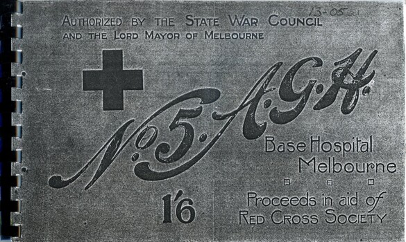 Photocopied front cover of 'No 5 Australian General Hospital (base hospital) Melbourne' Hawker, 1919