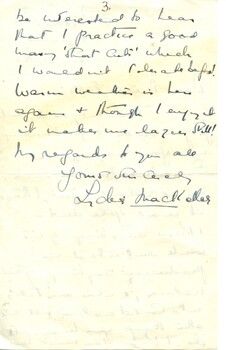 Third page of Lettter to Sue Tallis from Lydia MacKellar