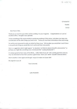 Transcript of Lettter to Sue Tallis from Lydia MacKellar