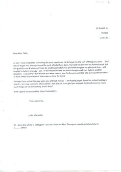 Transcript of Lettter to Sue Tallis from Lydia MacKellar