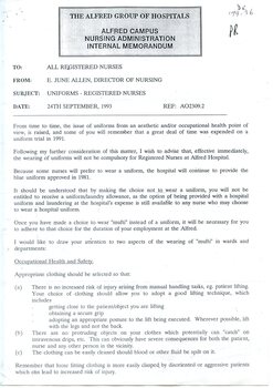 First page of nternal memorandum: Uniforms for Registered Nurses, Alfred Hospital, 1993